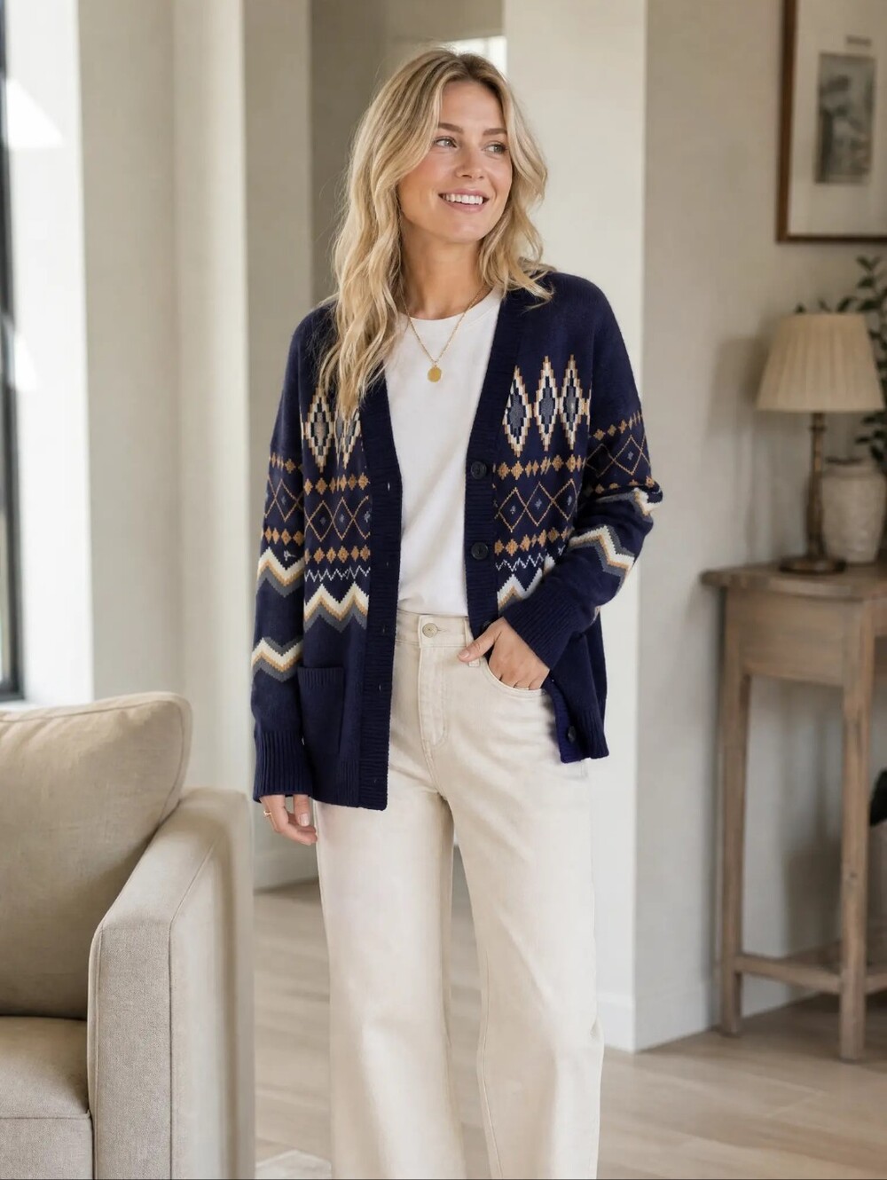 Navy Patterned Button Cardigan Sweater